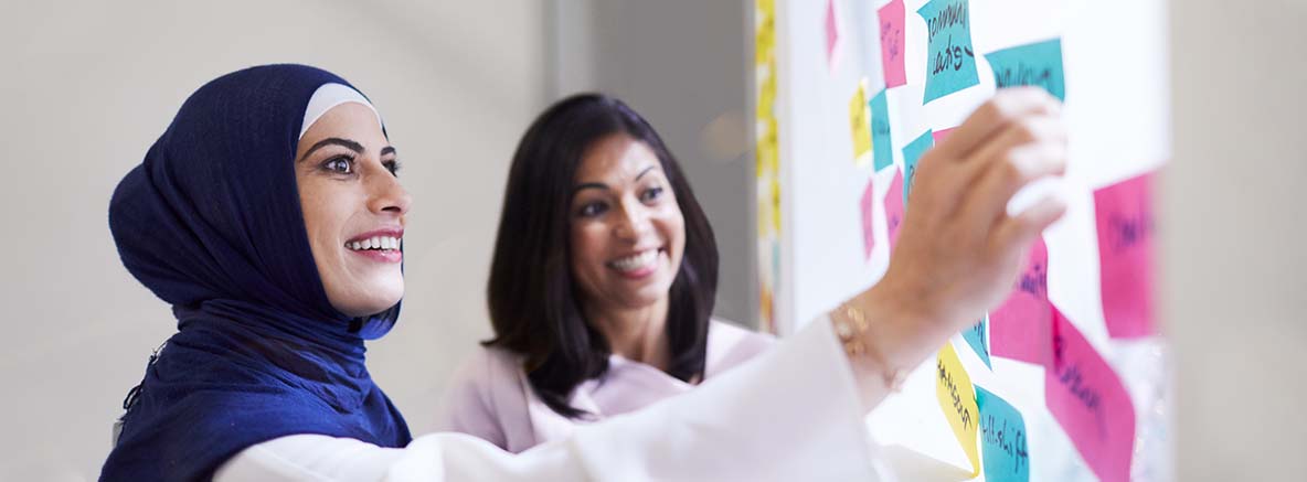 smiling women placing post it notes