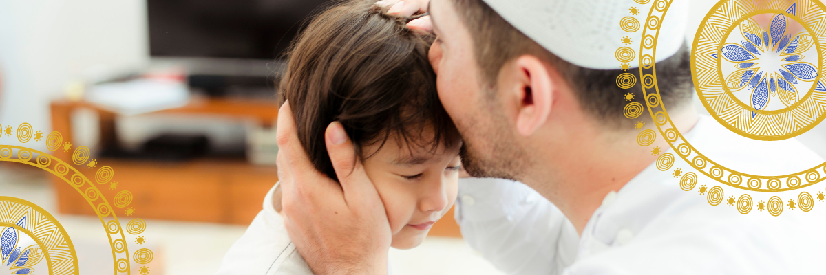 Man kissing a child in the forehead image